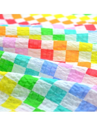 Tissu Coton Seersucker - Check Rainbow